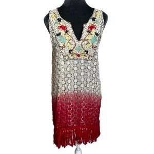 Gimmicks BKE Crochet Dress Tunic L Festival Boho Lace Fringe‎ Embroidered Floral